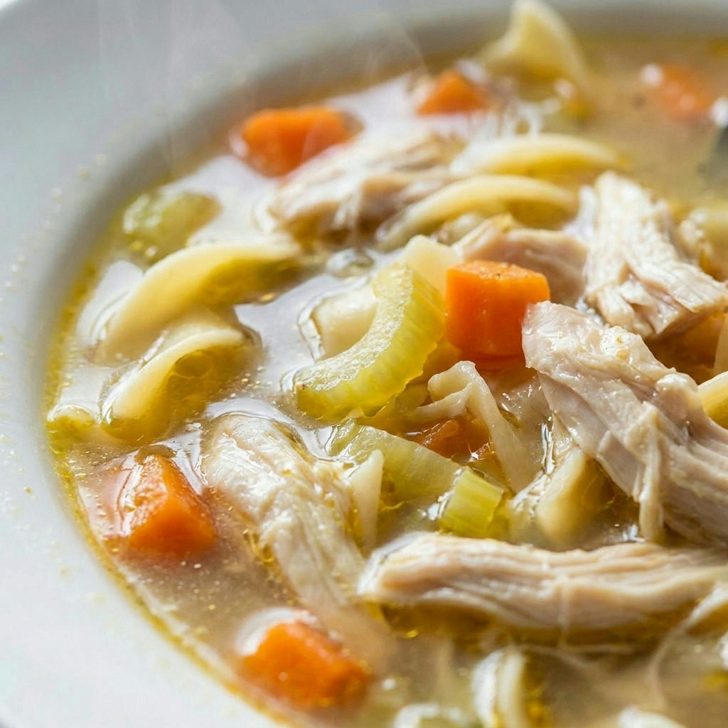 Extreme close-up detail of Immune-Boosting Turkey Noodle Soup