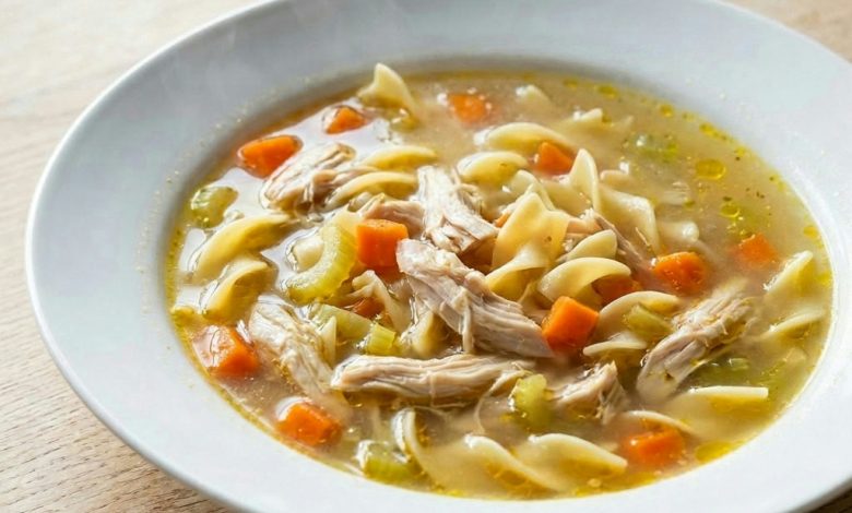 Close-up of Immune-Boosting Turkey Noodle Soup served and ready to eat