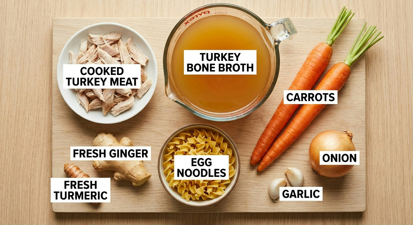 Fresh ingredients for homemade turkey noodle soup including chopped vegetables, turkey, and herbs on a rustic wooden table.