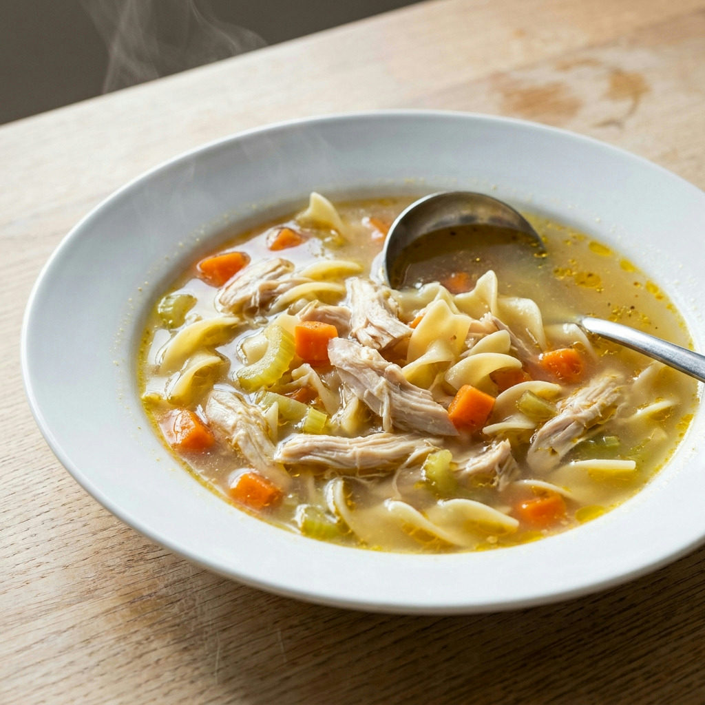 A steaming bowl of homemade turkey noodle soup with fresh vegetables and herbs, perfect for a cozy, healthy comfort meal.