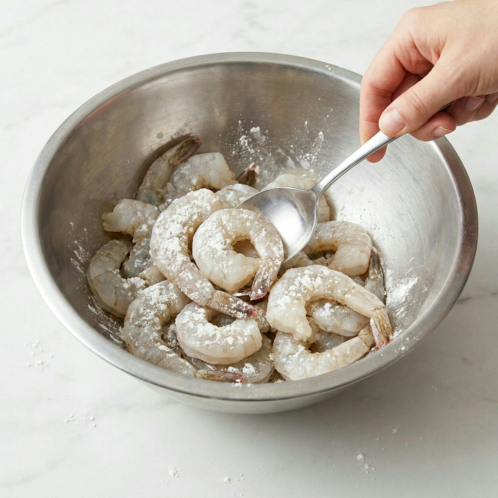 Step 1 of making The Ultimate Shrimp Stir Fry with Versatile Umami Sauce: A pile of large, pinkish-white shrimp in a bowl, lightly coated with white powde