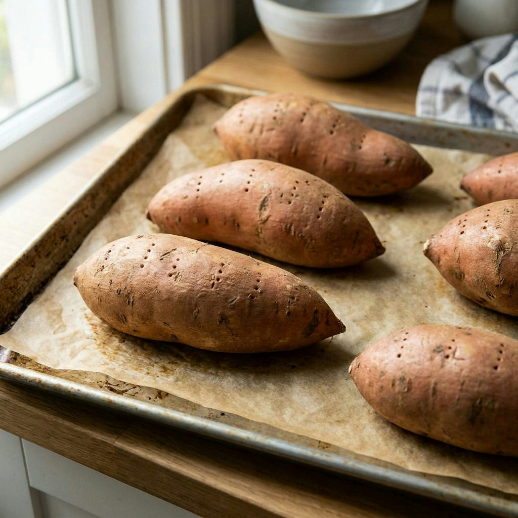 Step 1 of making The Ultimate Brown Butter & Bourbon Sweet Potato Pie: Whole roasted sweet potatoes on a tray, raw stage.