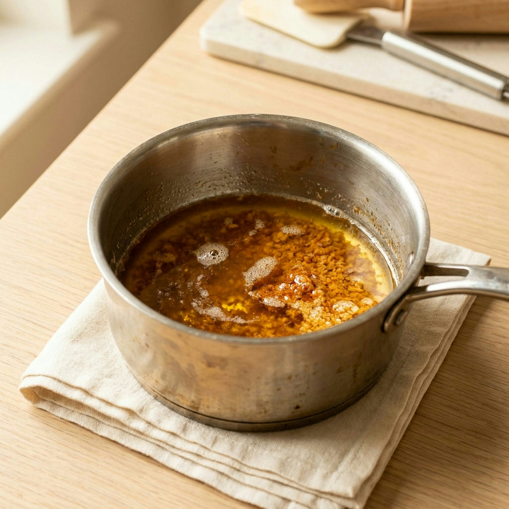 Step 1 of making The Ultimate Crack-Free Pumpkin Pie: The butter solids toasted and aromatic in a light-colored pan, raw stage.