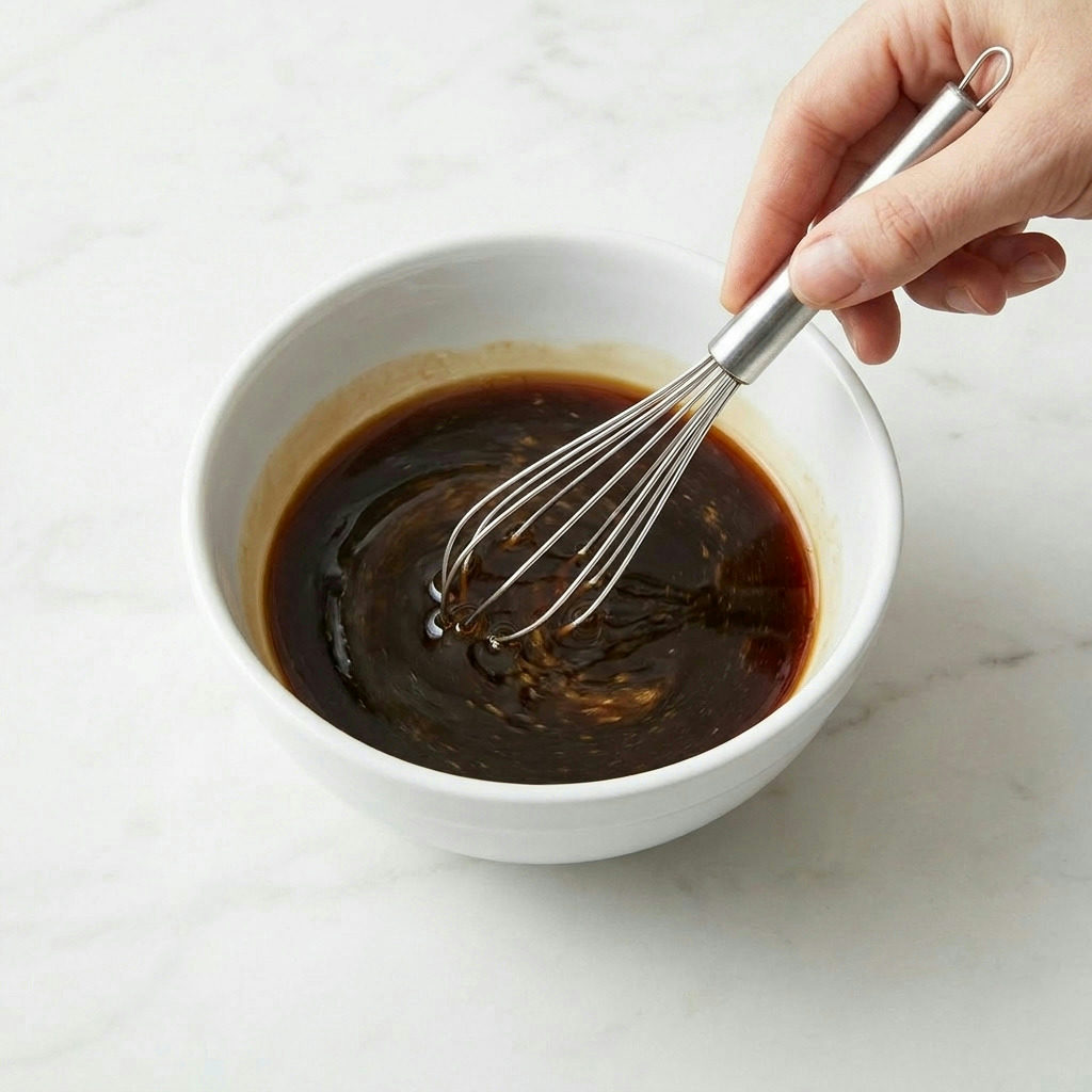 Step 2 of making The Ultimate Shrimp Stir Fry with Versatile Umami Sauce: In a separate small bowl, whisk together the soy sauce, oyster sauce, rice vineg