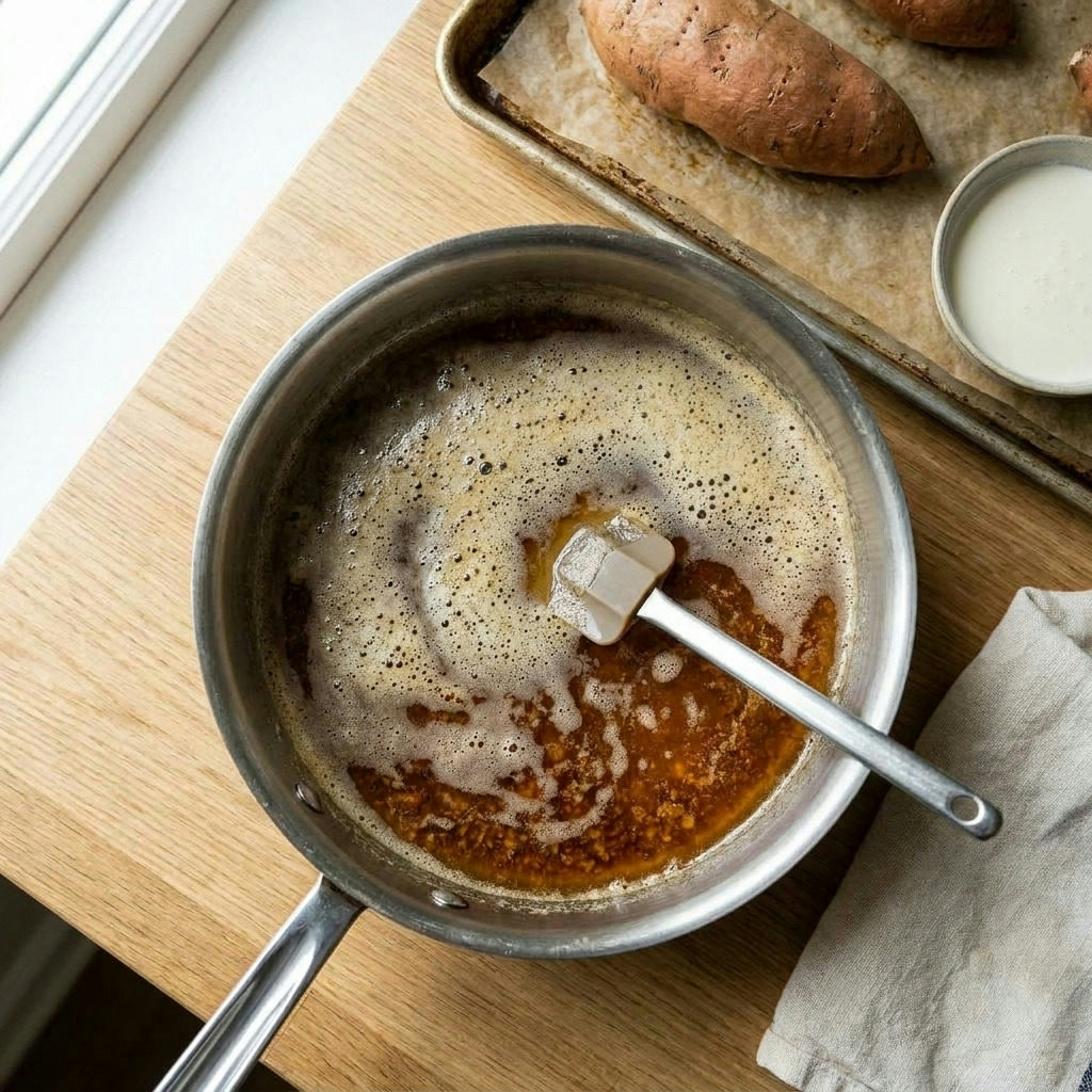 Step 2 of making The Ultimate Brown Butter & Bourbon Sweet Potato Pie: A saucepan with swirling amber-colored butter, mixing stage.