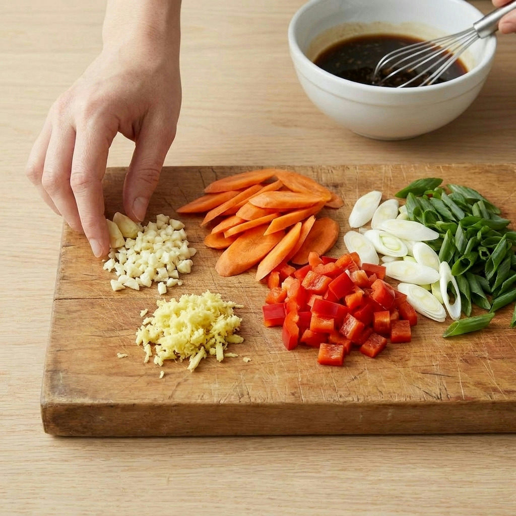 Step 3 of making The Ultimate Shrimp Stir Fry with Versatile Umami Sauce: Finely minced garlic, grated ginger, and sliced vegetables neatly arranged on a 