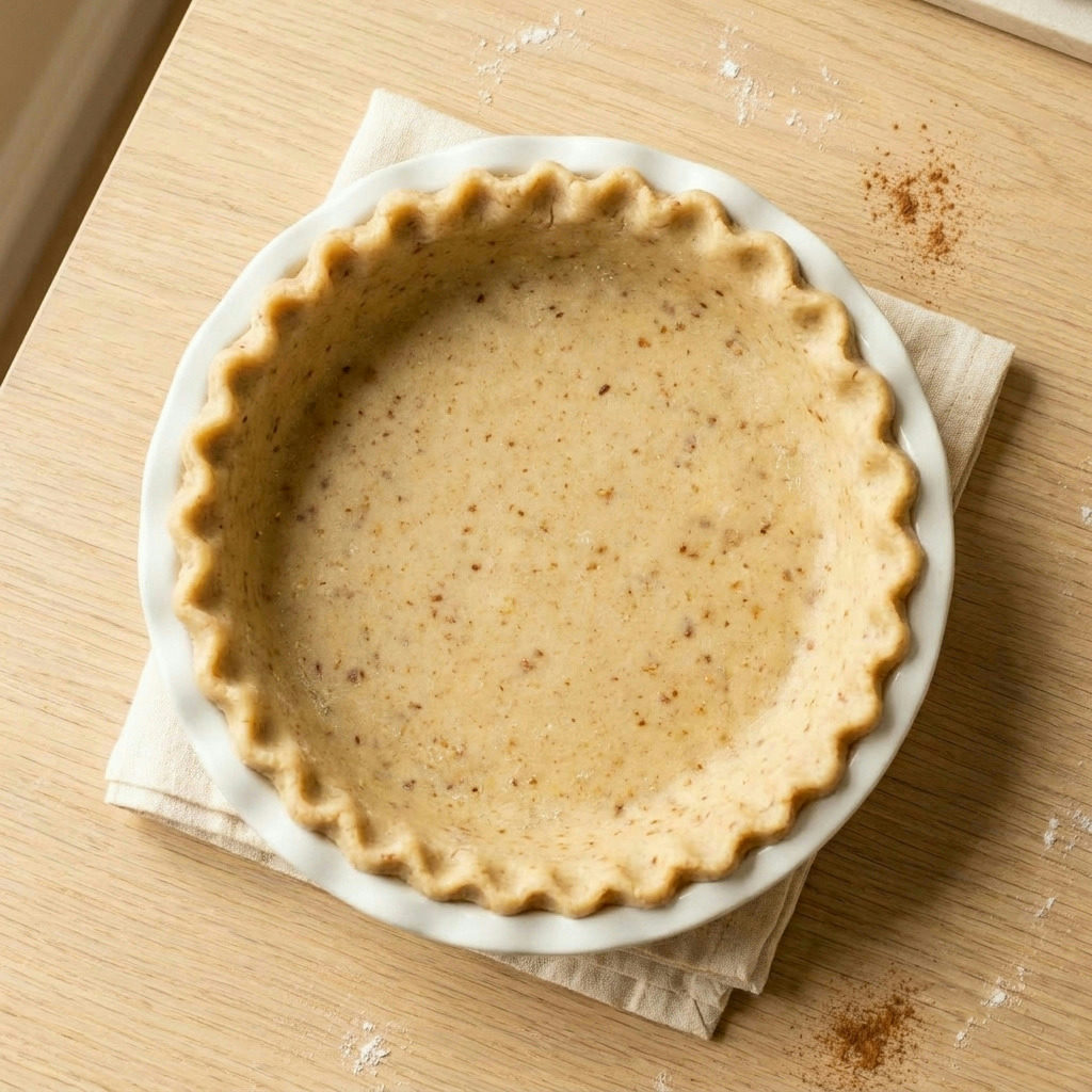 Step 3 of making The Ultimate Crack-Free Pumpkin Pie: The dough pressed evenly into the ceramic dish, raw stage.