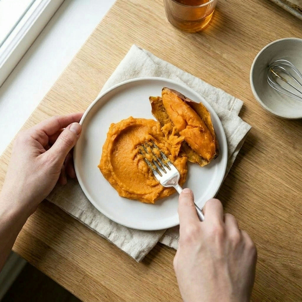 Step 3 of making The Ultimate Brown Butter & Bourbon Sweet Potato Pie: Remove skins from the warm roasted potatoes and mash the flesh until completely