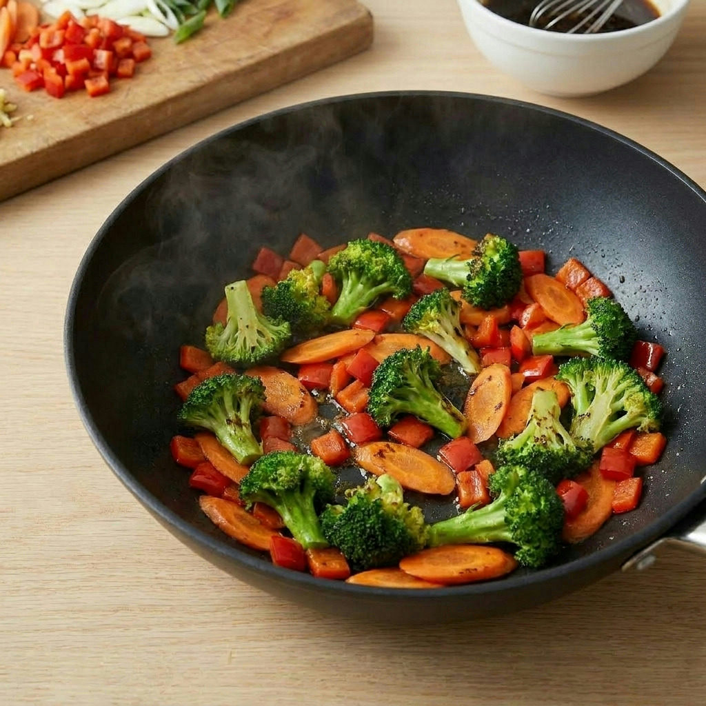Step 4 of making The Ultimate Shrimp Stir Fry with Versatile Umami Sauce: Bright green broccoli, orange carrots, and red bell peppers, starting to char sl