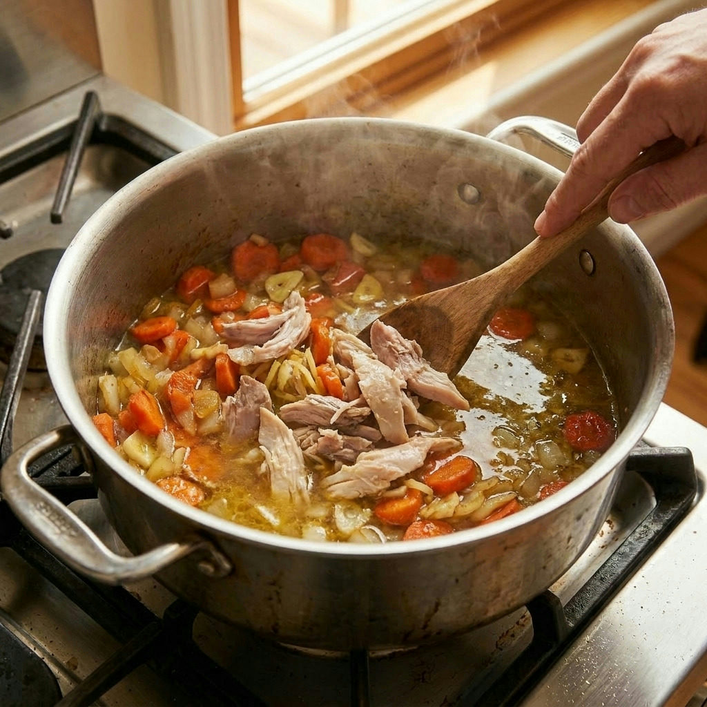 A warm, steaming bowl of homemade turkey noodle soup featuring tender turkey, fresh vegetables, and savory broth.