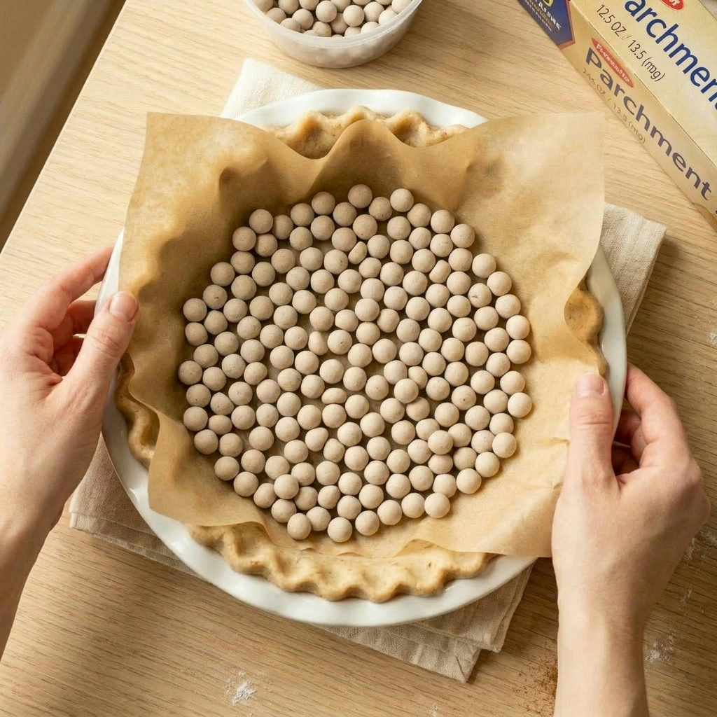 Step 4 of making The Ultimate Crack-Free Pumpkin Pie: Line with parchment and weights, then bake at 375 degrees for 15 minutes.