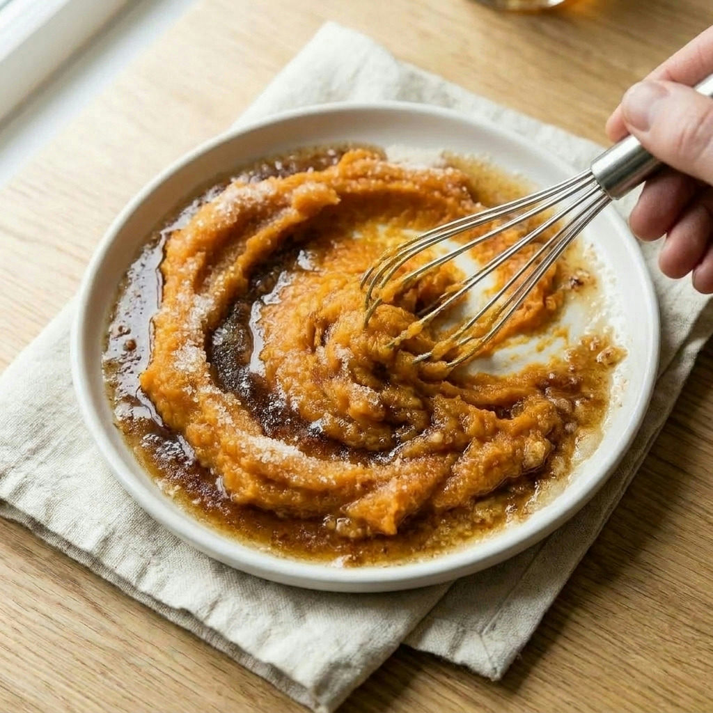 Step 4 of making The Ultimate Brown Butter & Bourbon Sweet Potato Pie: A whisk blending orange puree with brown butter in a bowl, mixing stage.