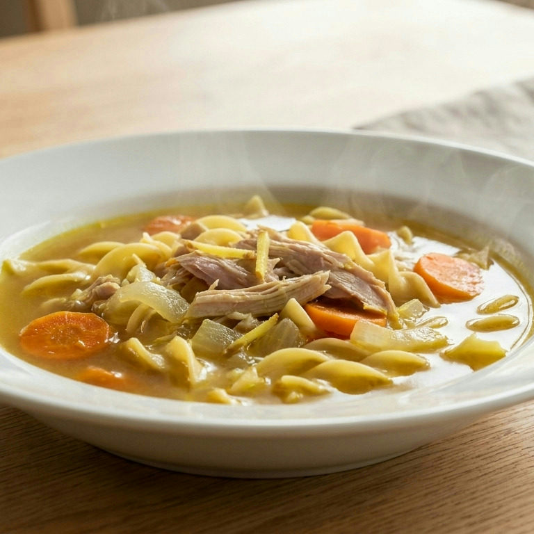 A warm, steaming bowl of homemade turkey noodle soup featuring tender turkey, carrots, and celery in a savory broth.