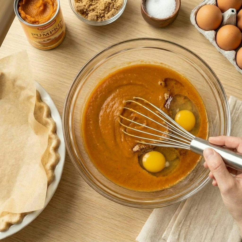 Step 5 of making The Ultimate Crack-Free Pumpkin Pie: In a large bowl, whisk together the pumpkin puree, eggs, salt, and brown sugar u