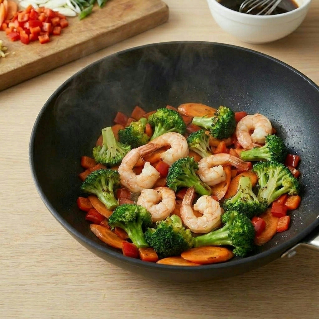 Step 6 of making The Ultimate Shrimp Stir Fry with Versatile Umami Sauce: Pink, curled shrimp nestled amongst vibrant vegetables in a hot wok, mid-cook st