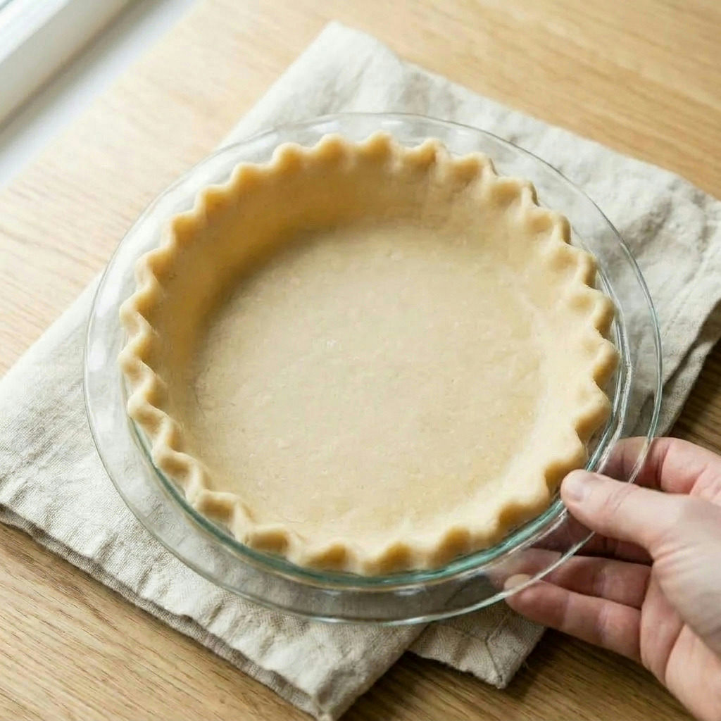 Step 6 of making The Ultimate Brown Butter & Bourbon Sweet Potato Pie: Unbaked pie crust fitted in a pie dish, raw stage.