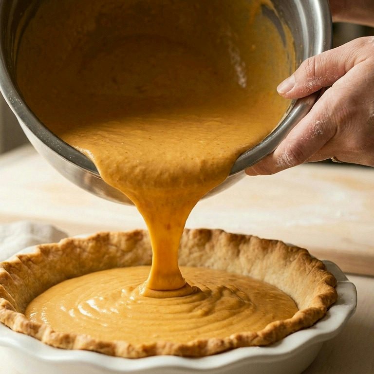 Step 7 of making The Ultimate Crack-Free Pumpkin Pie: The liquid custard filling the crust-lined pan, mixing stage.